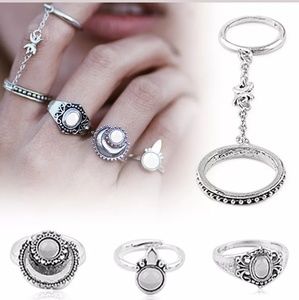 4pc set Boho Moon midi Ring set with chain ring